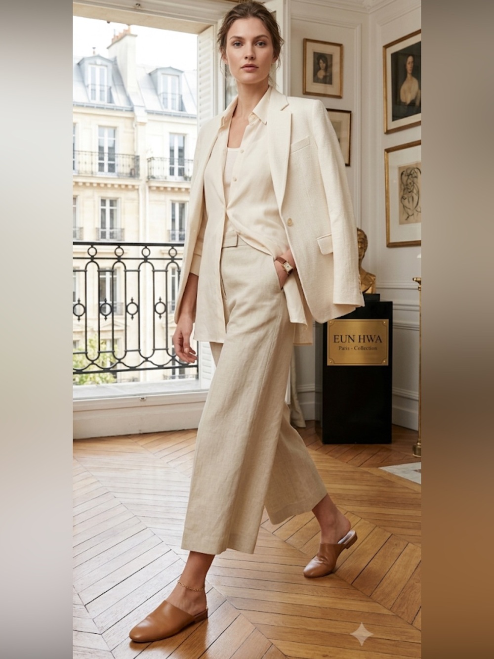 EUN HWA Paris Tan Linen Wide‎ Leg Culottes Cropped Groucho Pants Lagenlook 46